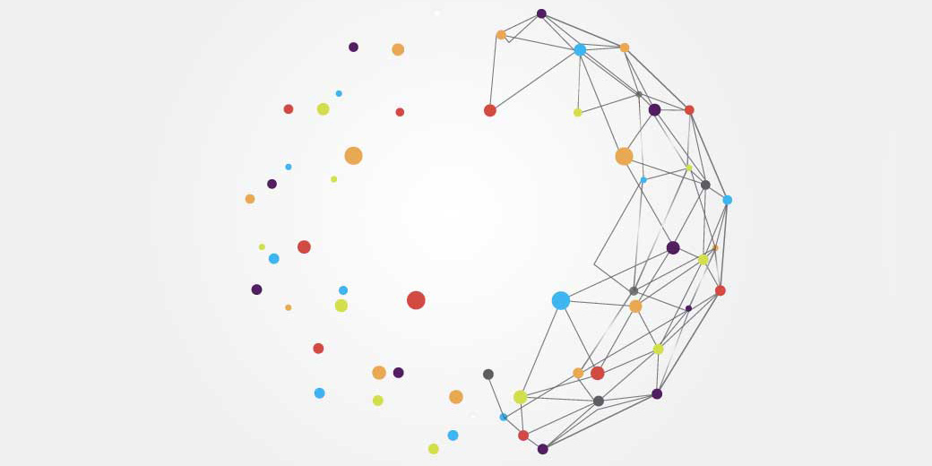 Graphic depicting interconnected colorful dots